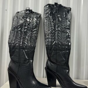 Black Croc-Embossed Knee-High Boots